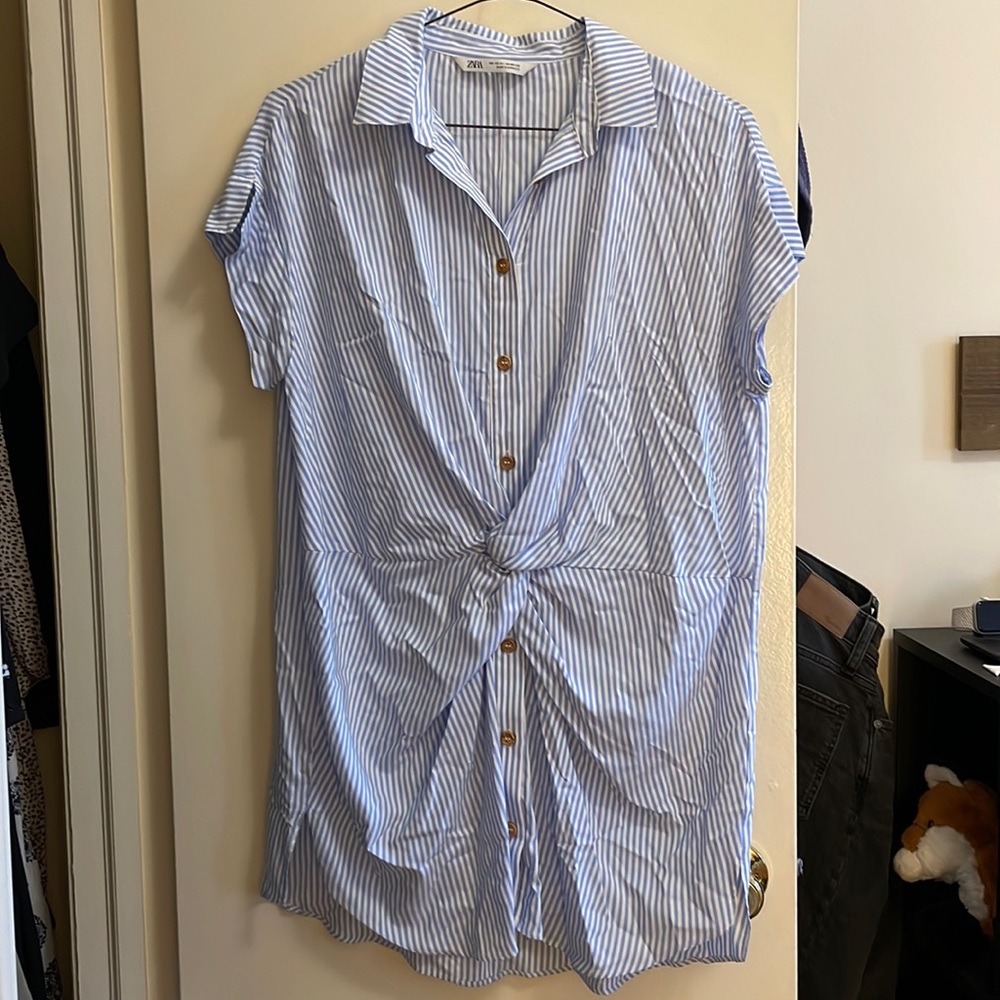 ZARA knot front striped collared mini shirt dress, XS